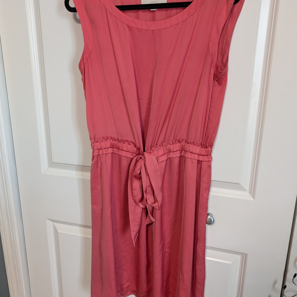 LOFT salmon coral Pink satin sheath Dress cap sleeves and wide ribbon drawstring
